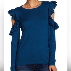 CeCe Turquoise Ruffle Shoulder Sweater